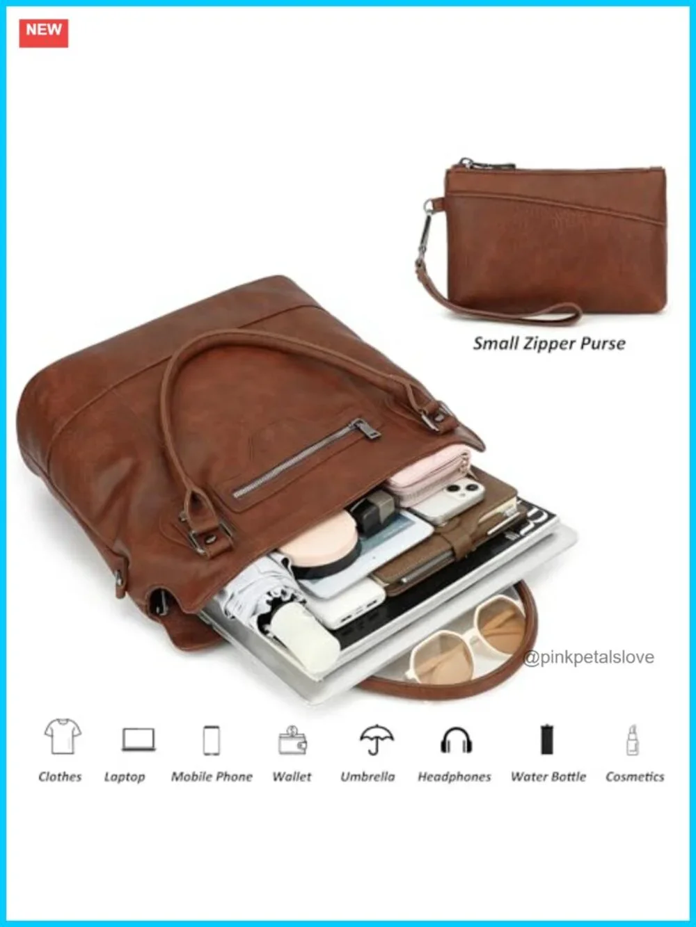 Large Vegan Leather Hobo Tote Bag with Laptop Compartment and Detachable Strap